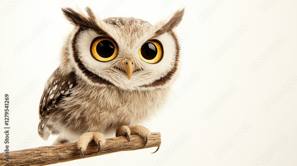 Fototapeta premium An owl perched on a tree against a pure white backdrop