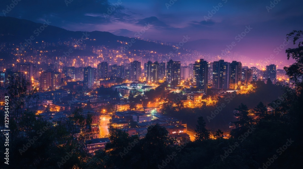 Fototapeta premium Cityscape at twilight, illuminated buildings, mountain backdrop, aerial view