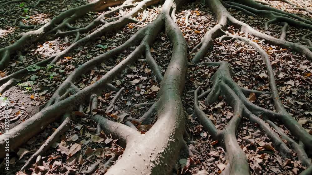 Lower Order Roots Close-up video of tree roots sprawling across the forest floor ...