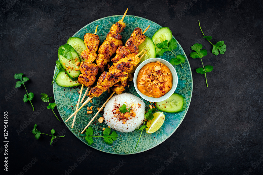Sate Ayam- Grilled chicken satay sate skewers with peanut dipping spicy sauce, steamed rice and fresh cucumber served as top view on a design plate Sate Ayam- Grilled chicken satay sate skewers with peanut dipping spicy sauce, steamed rice and fresh cucumber served as top view on a design plate