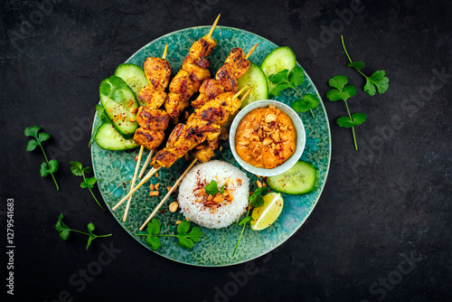 Photos Sate Ayam- Grilled chicken satay sate skewers with peanut dipping spicy sauce, s