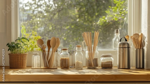 Wooden spoons, bamboo utensils, and glass jars on a kitchen windowsill, sunlight streaming in, herbs in pot photo