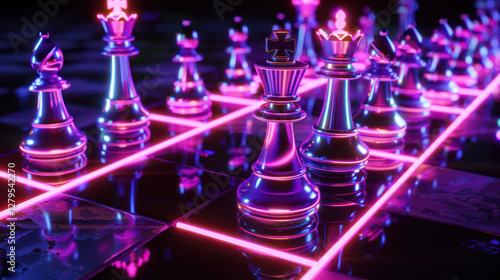 Сhessboard with Neon Glossy Chess Pieces
