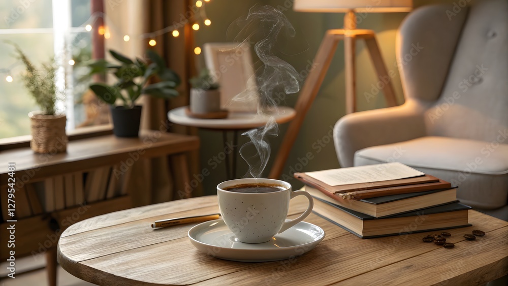 Steaming cup of coffee a wooden table with cozy Steaming cup of coffee a wooden table with cozy