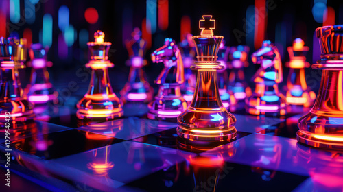 Сhessboard with Neon Glass Chess Pieces