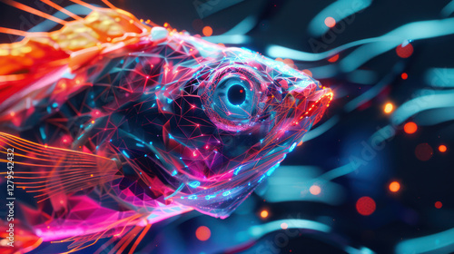Close Up of a Neon Goldfish In Polygon Style