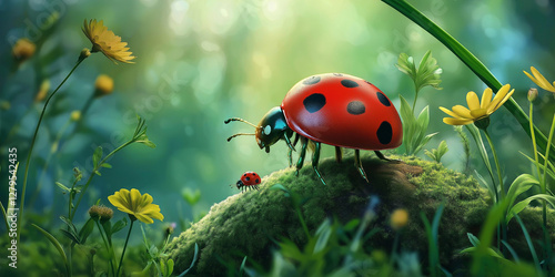 Ladybug and Baby on Mossy Hill – Whimsical Nature Scene

