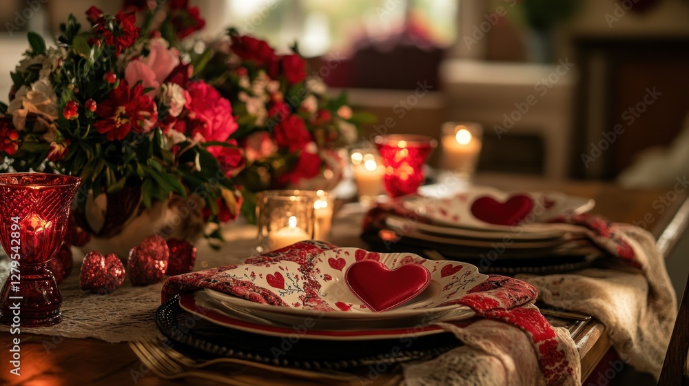 Romantic Valentine's Day dinner setting, floral centerpiece, candles, hearts Romantic Valentine's Day dinner setting, floral centerpiece, candles, hearts