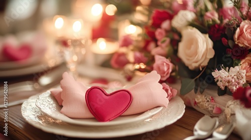 Romantic dinner setting with heart-shaped napkin, candles, and flowers photo