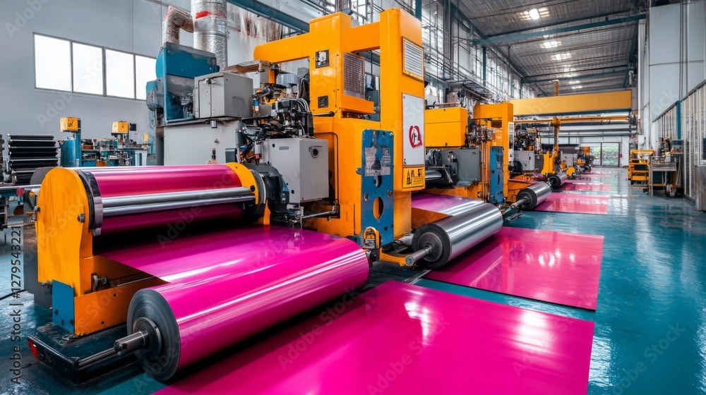 Fototapeta premium Industrial production line processing vibrant magenta rolls. Factory interior. Possible use Manufacturing process