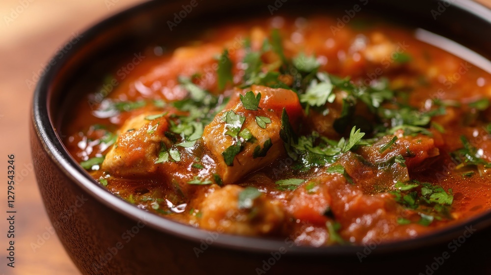 Spicy Chicken Curry in Dark Bowl on Wooden Surface Spicy Chicken Curry in Dark Bowl on Wooden Surface