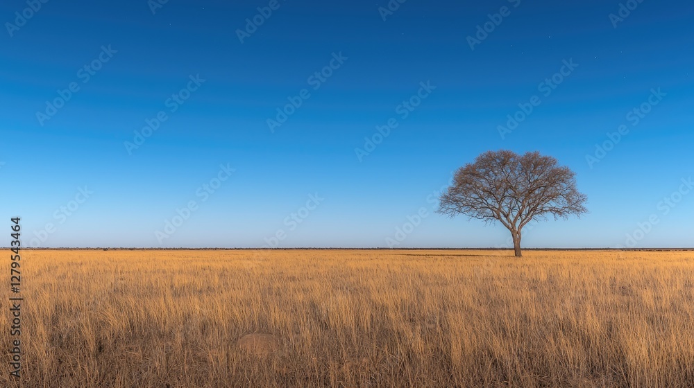 Fototapeta premium Lonely tree in vast golden savanna under clear blue sky. Possible use nature background