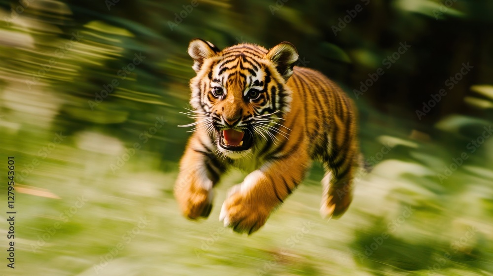Obraz premium Playful Tiger Cub Leaping Through Lush Green Forest Environment