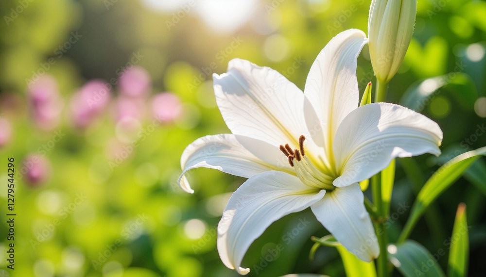 Fototapeta premium White Lily Blooming in a Sunlit Garden