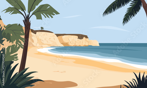 Algarve Beach Paradise Minimalist Vector Illustration with Scenic Cliffs