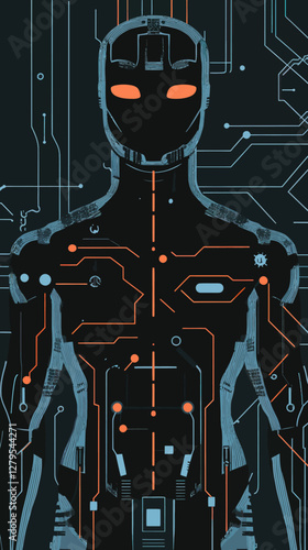 Futuristic Humanoid AI Technology with Complex Circuits in Flat Minimalist Vector Design