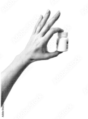 Halftone hand giving medicine, vitamin, drug. Modern collage element isolated on transparent background. Healthcare medical concept. 