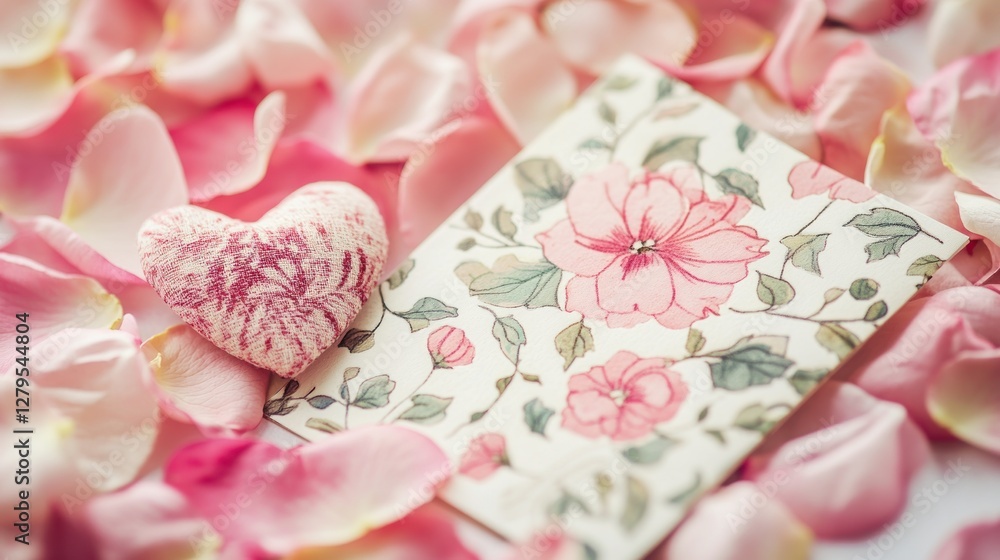 Romantic heart-shaped candy with floral envelope surrounded by rose petals Romantic heart-shaped candy with floral envelope surrounded by rose petals