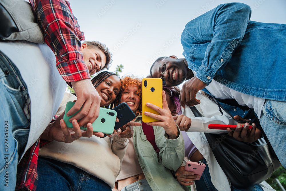 A joyful group of diverse student friends smiling while interacting with their cellphones, capturing moments, sharing laughter, and bonding through technology, emphasizing connection and friendship A joyful group of diverse student friends smiling while interacting with their cellphones, capturing moments, sharing laughter, and bonding through technology, emphasizing connection and friendship