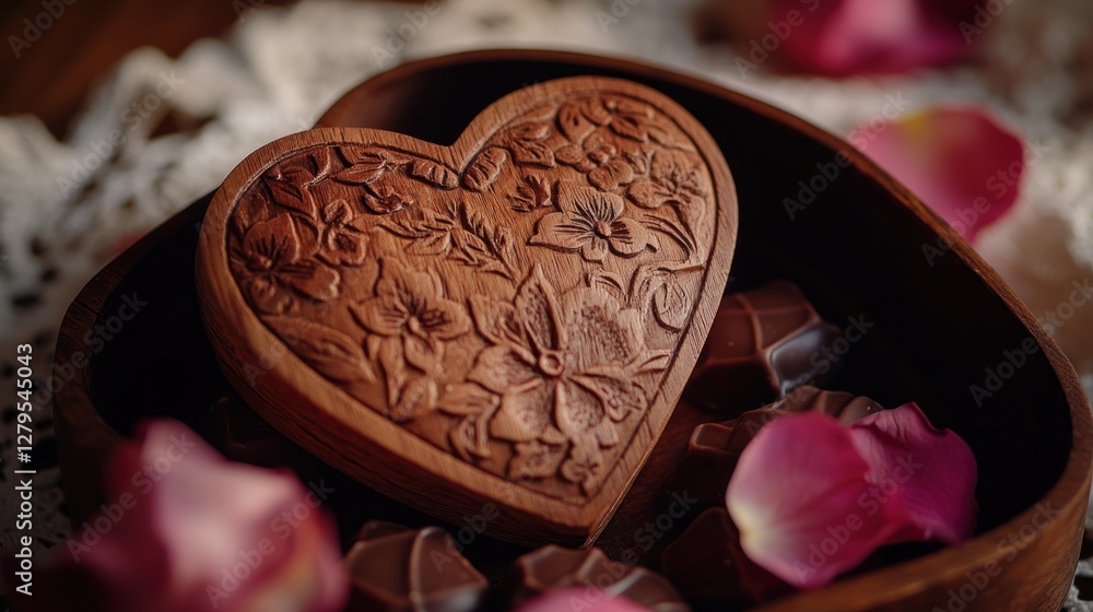 Heart-shaped wooden box with chocolates and rose petals on lace Heart-shaped wooden box with chocolates and rose petals on lace