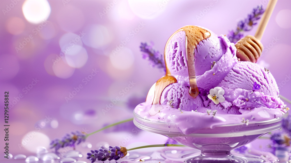 Fototapeta premium Elegant blueberry lavender ice cream with honey drizzle, dessert delight