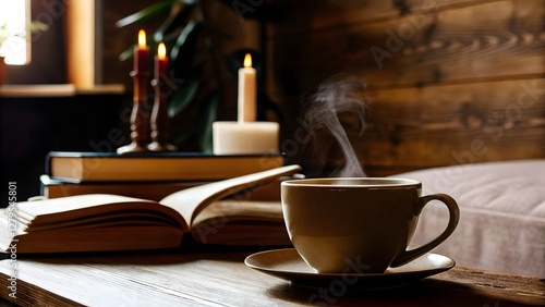 Steaming cup of coffee a wooden table with cozy