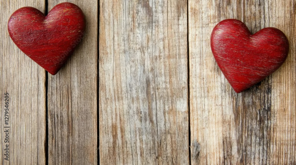 Valentines day background with two red hearts on wooden background Valentines day background with two red hearts on wooden background