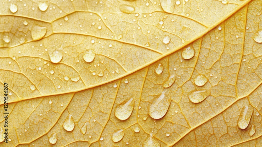 Fototapeta premium Natural autumn texture from narrow yellow beige leaves with water drops. Beautiful autumnal botanical pattern, close up fall leaf top view, aesthetic nature still life, macro photography