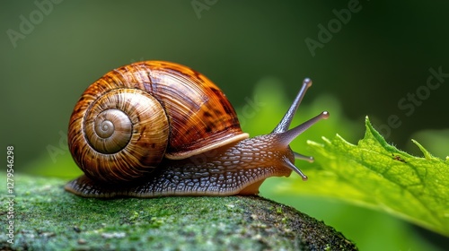 A stunning close-up of a snail gliding elegantly on a leaf showcases the fascinating details of its shell and texture combined with the softness of the surrounding greenery. photo