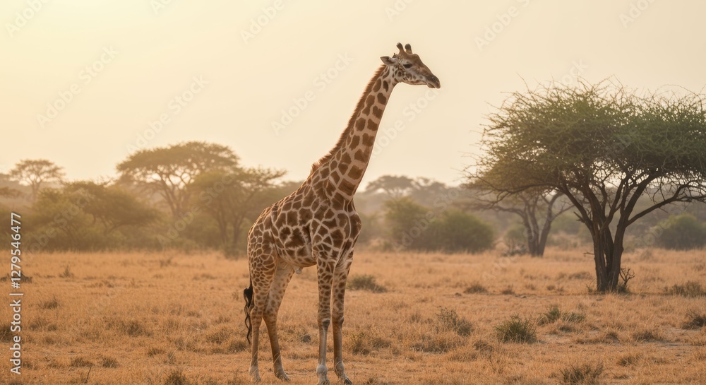 Serene giraffe portrait amidst golden African savanna at sunset Serene giraffe portrait amidst golden African savanna at sunset