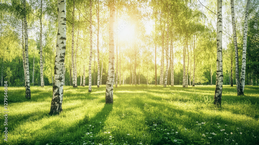Obraz premium Stunning spring landscape with tall birch trees and warm sunlight filtering through leaves