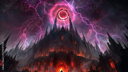 Cursed stronghold on a jagged mountain, crackling purple lightning, glowing symbols, and an ominous, epic atmosphere.