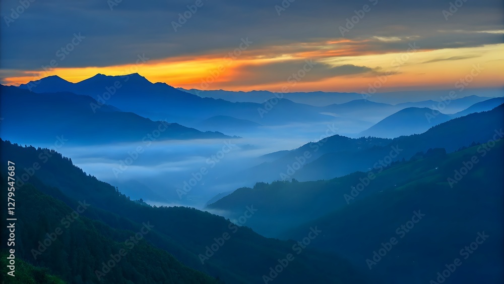 Fototapeta premium Breathtaking mountain landscape with misty sunrise