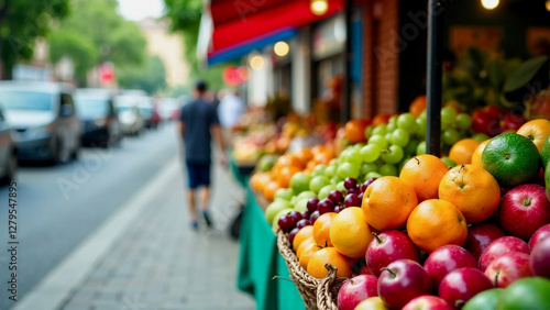 Fruit stall filled with fresh apples, oranges, avocados, and grapes, blurred day-light street with people and cars at the background, for banners