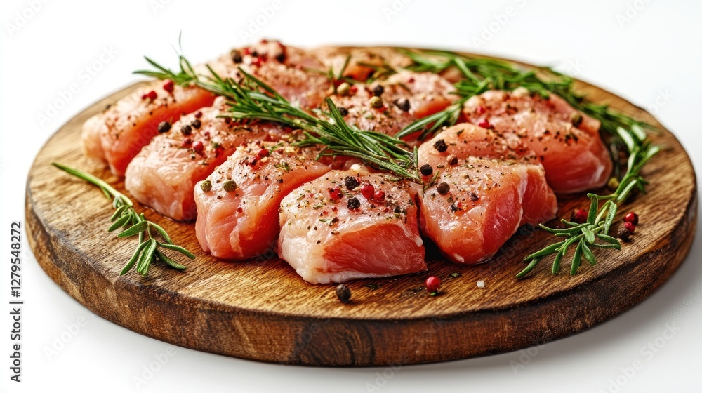 Seasoned raw chicken cubes on wooden board, studio shot Seasoned raw chicken cubes on wooden board, studio shot
