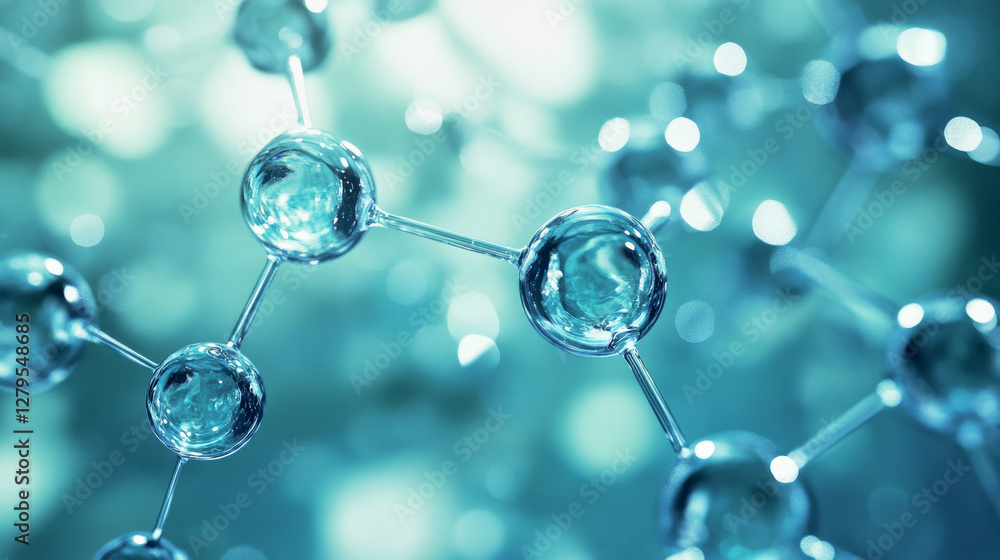 Molecular network with glass-like atoms and metallic bonds in abstract blue-green background Molecular network with glass-like atoms and metallic bonds in abstract blue-green background