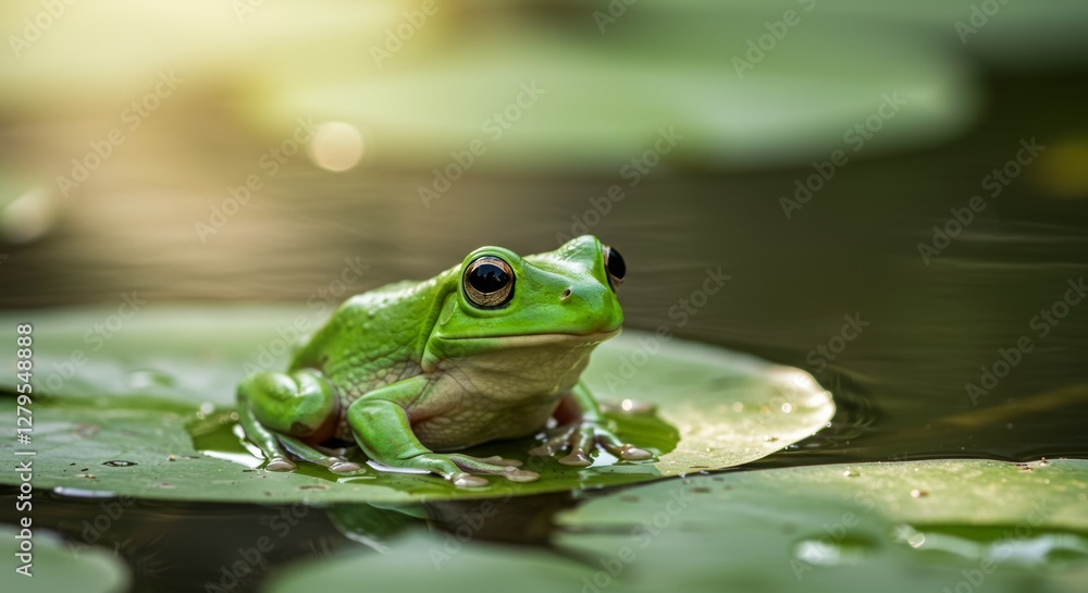 Serene green tree frog perched delicately on a lily pad in sunlit pond Serene green tree frog perched delicately on a lily pad in sunlit pond