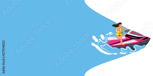 jet ski riding, WOMAN on the water holding the steering wheel, vacation, holidays, travel, vector illustration, BANNER, FOR INscription AND TEXT