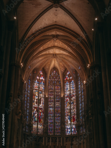 Beautiful stained glass windows of the altar of the Basilica of Saint Nazaire in the citadel of Carcassonne