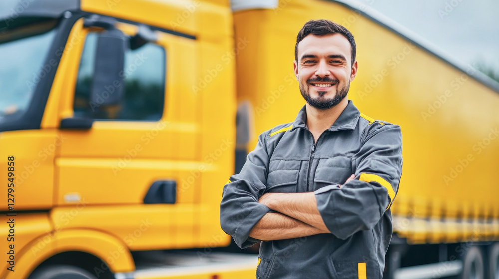 Professional truck driver stands confidently in front of bright yellow truck in logistics setting Professional truck driver stands confidently in front of bright yellow truck in logistics setting