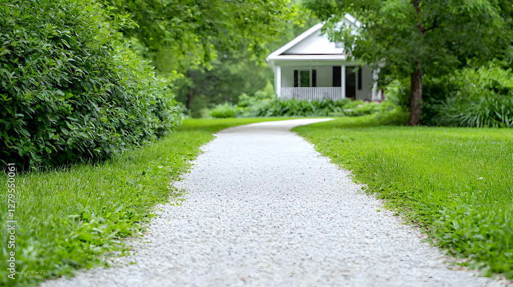 Fototapeta premium Gravel path leads to white house in green garden