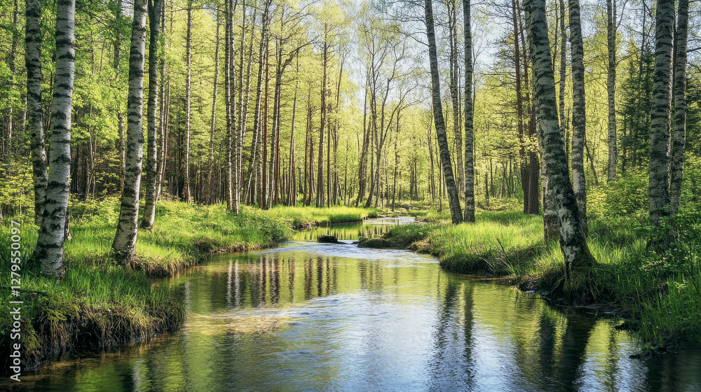 Winding stream reflecting vibrant foliage in a birch forest during springtime Winding stream reflecting vibrant foliage in a birch forest during springtime