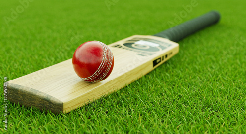 shiny red Test Match or one day cricket ball with cricket bat on green grass of cricket stadium photo