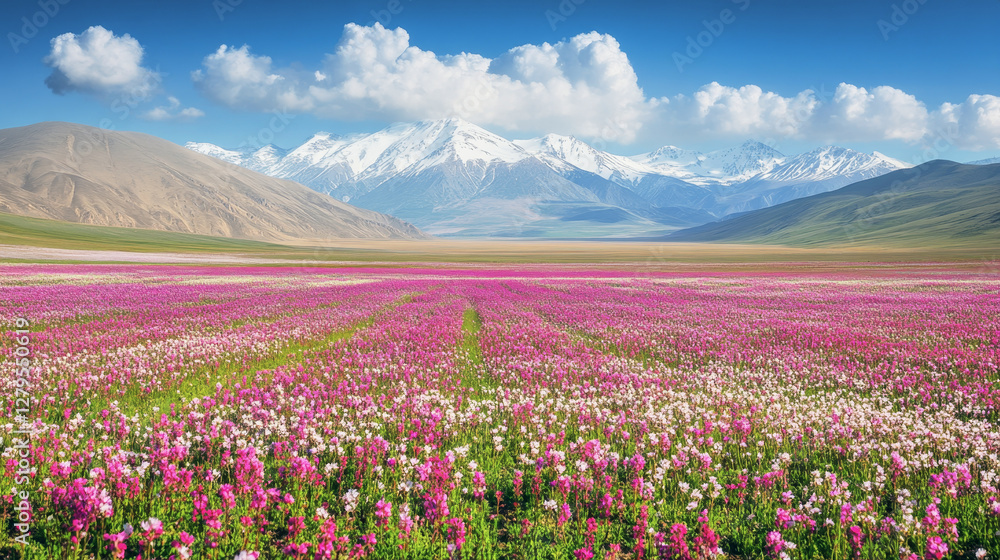 Fototapeta premium Vibrant flower fields and snow-capped mountains in a spring alpine landscape