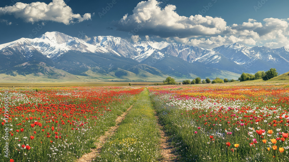 Vibrant flower fields in spring beneath snow-capped mountains in a picturesque alpine landscape Vibrant flower fields in spring beneath snow-capped mountains in a picturesque alpine landscape