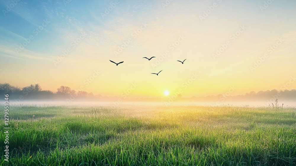Tranquil sunrise casts golden light over misty spring meadow with soaring birds
