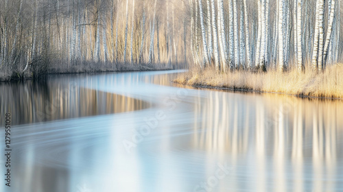 Springtime tranquility along a winding river in a birch woodland with soft light reflections