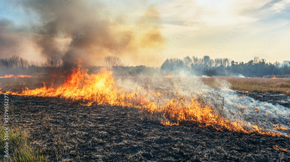Wildfire consumes grassy field with devastation and thick smoke rising into the air Wildfire consumes grassy field with devastation and thick smoke rising into the air