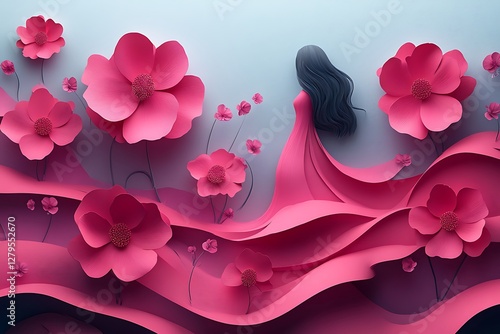 Stylish Figure in a Pink Dress Amid Vibrant Paper Flowers
