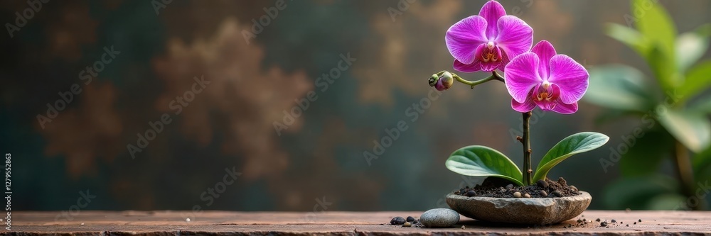Towering pink orchid on a natural stone pedestal, floral, stone, plant Towering pink orchid on a natural stone pedestal, floral, stone, plant